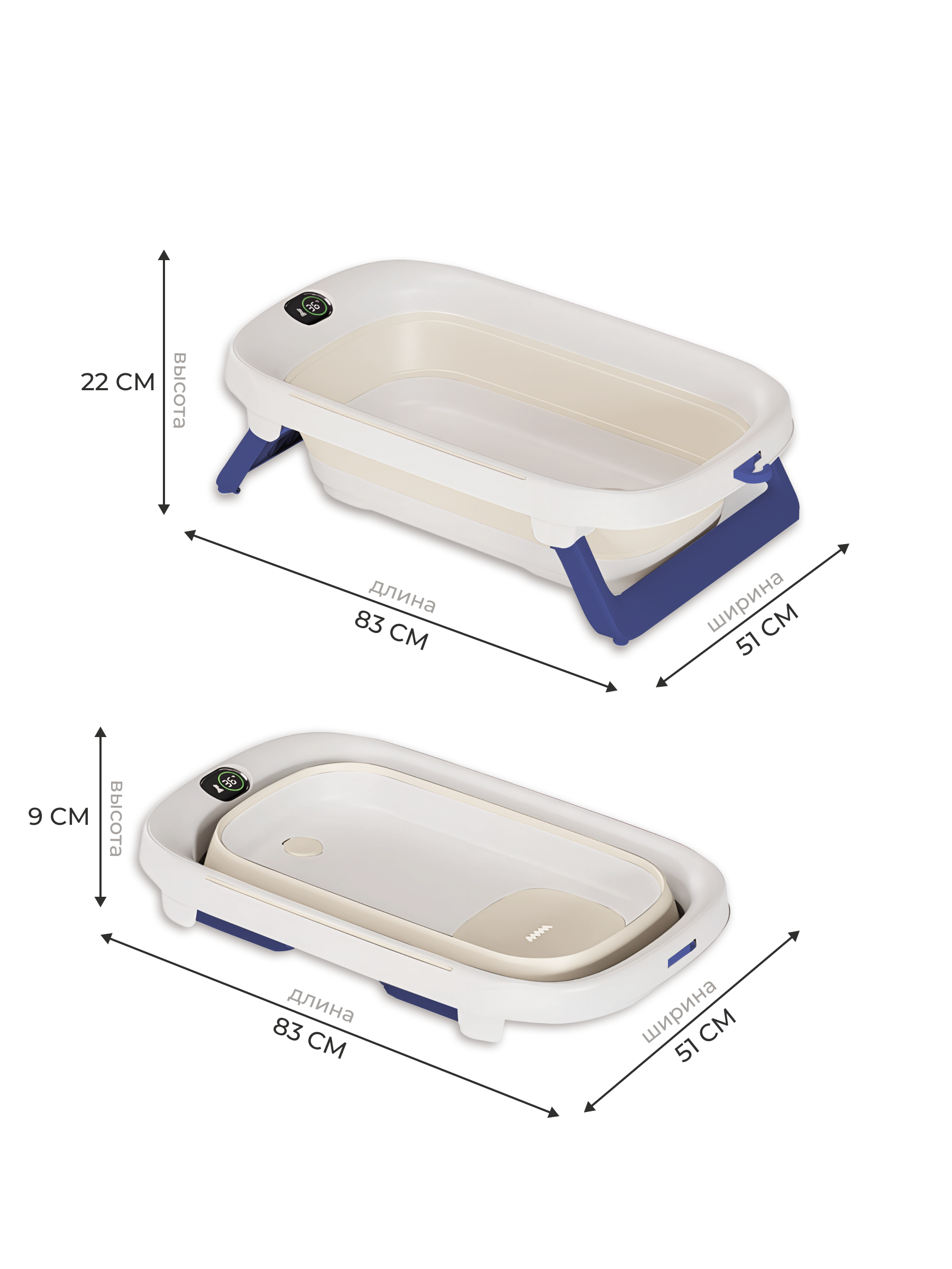 Ванночка для купания новорожденного складная с термометром